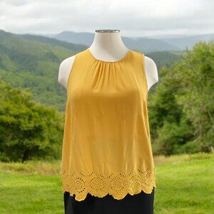 Ava Viv Yellow Tank Top 2X Boho Eyelet Embroidered Scallop Hem Flowy Festival